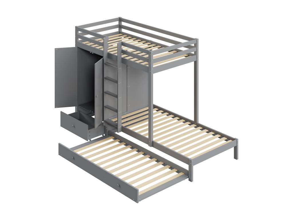 Gray Pine Wood Bed, 2 x 90 x 200 cm