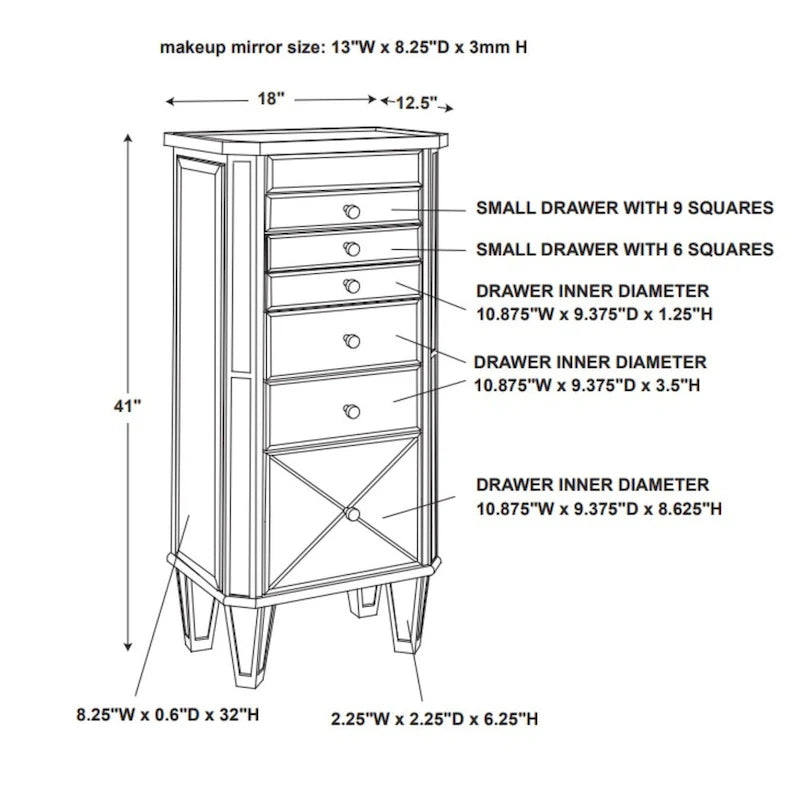 Mirrored Jewelry Armoire with Tapered Legs - 41 - Silver