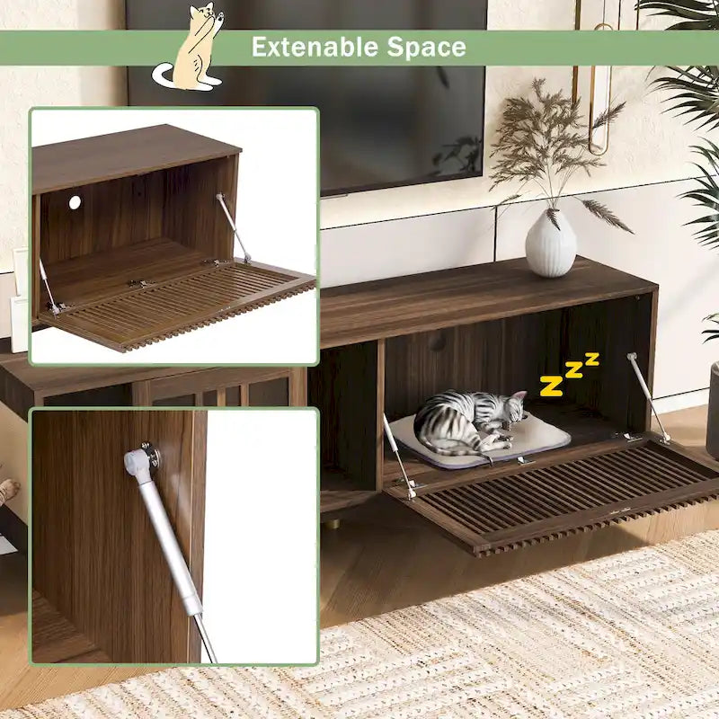 Modern TV Stand with Cat House, Pet-Friendly Entertainment Center with Sliding Glass Door, Flip-Down Media Console
