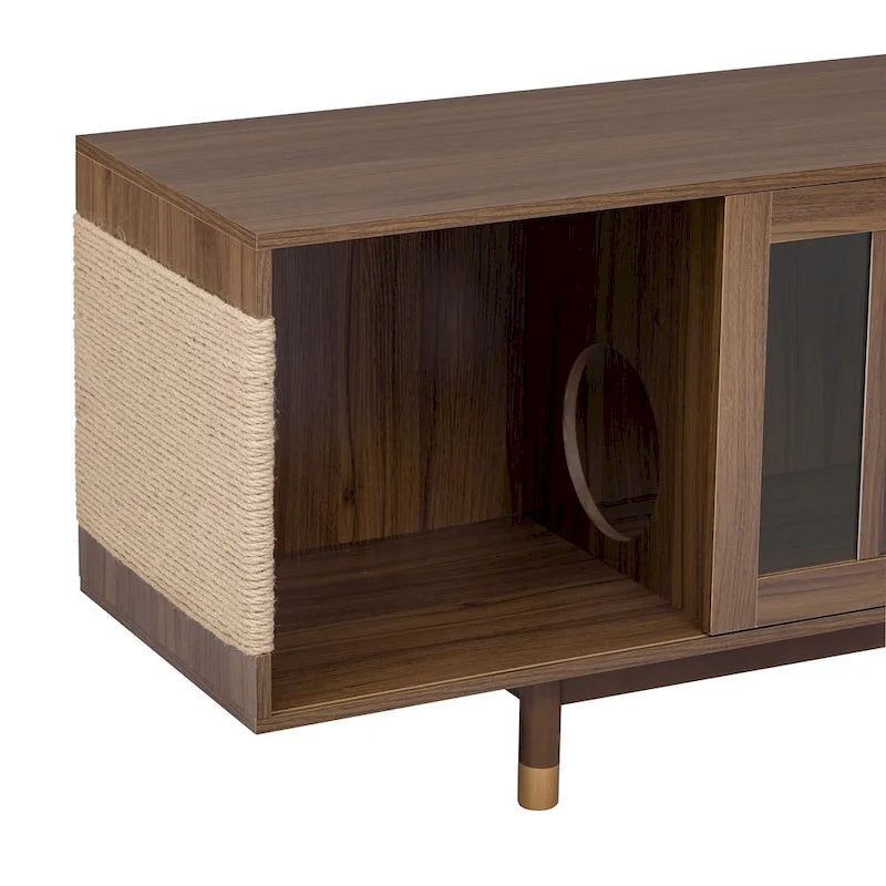 Modern TV Stand with Cat House, Pet-Friendly Entertainment Center with Sliding Glass Door, Flip-Down Media Console