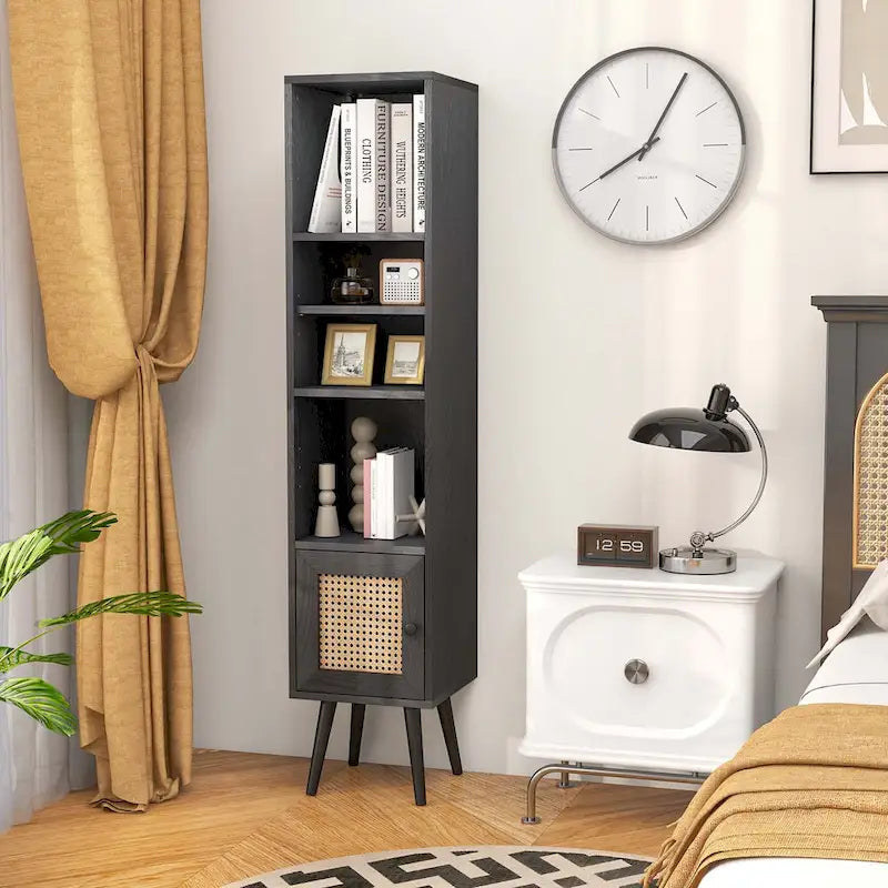 Costway Rattan Storage Cabinet Freestanding Slim Organizer Wood - See Details