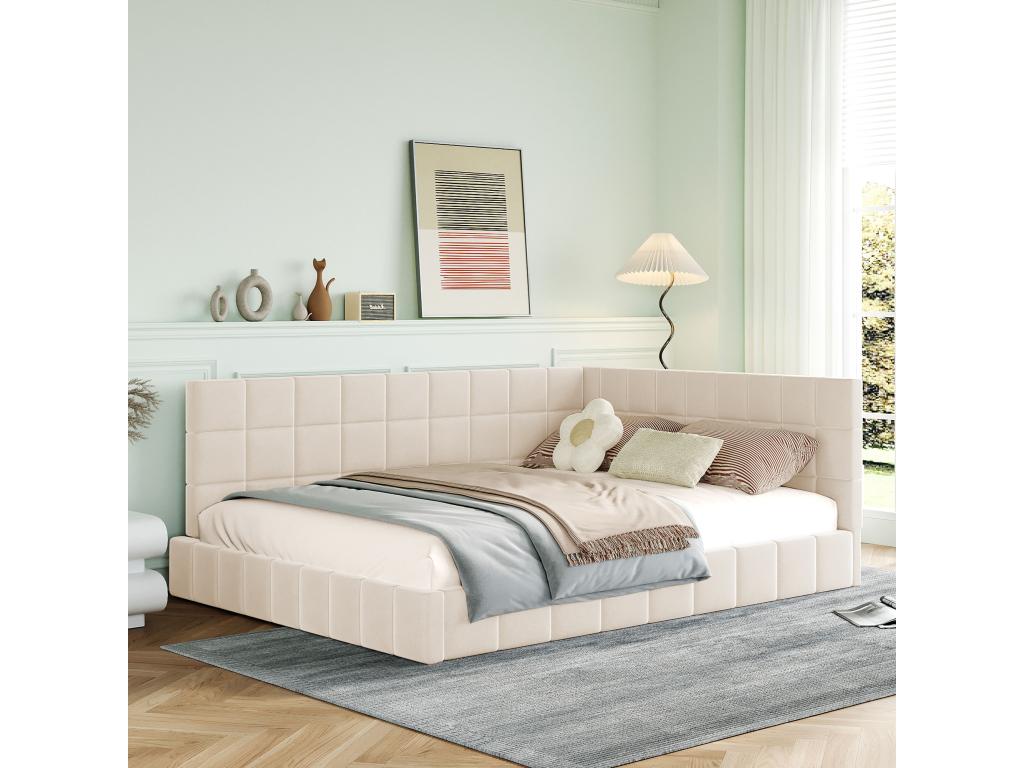 Beige Velvet Bed, 140 x 200 cm