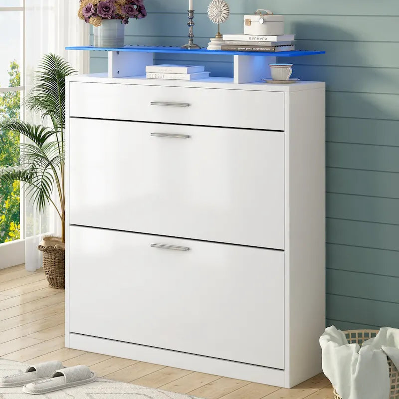 Tempered Glass Top Shoe Storage Cabinet with Drawer