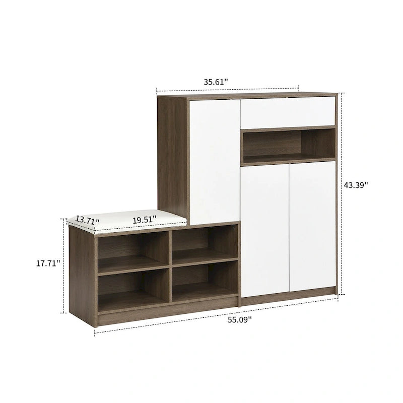 Vintage Minimalist Wooden Shoe Storage Cabinet with Integrated Bench