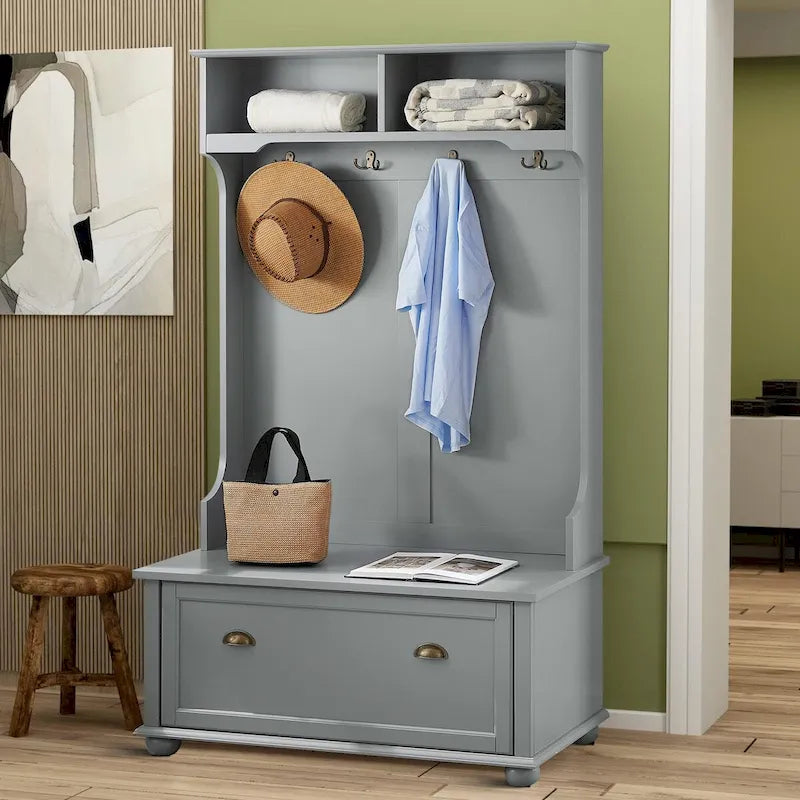 Modern Minimalist Freestanding Wooden Storage Hall Tree with Solid Wood Legs