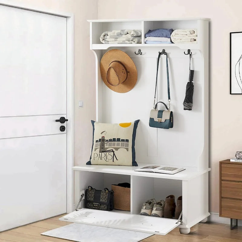 Modern Minimalist Freestanding Wooden Storage Hall Tree with Solid Wood Legs