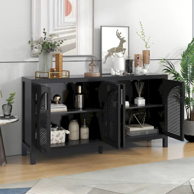 Large Storage Space Sideboard with Artificial Rattan Door - N/A