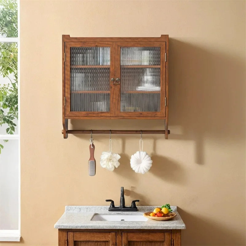 24.8Glass Door Vintage Double Door Wall Cabinet with Three Tiers