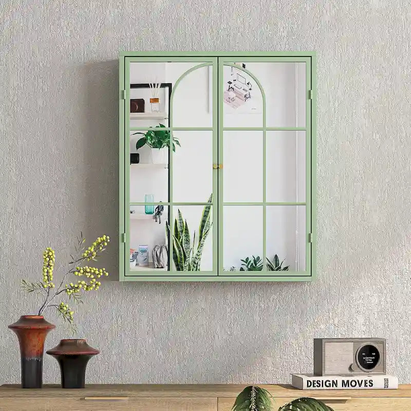 23.62 Vintage Two Door Wall Cabinet with Mirror,Three-level Entrance Storage Space for Living Room,Bathroom,Dining Room,Green