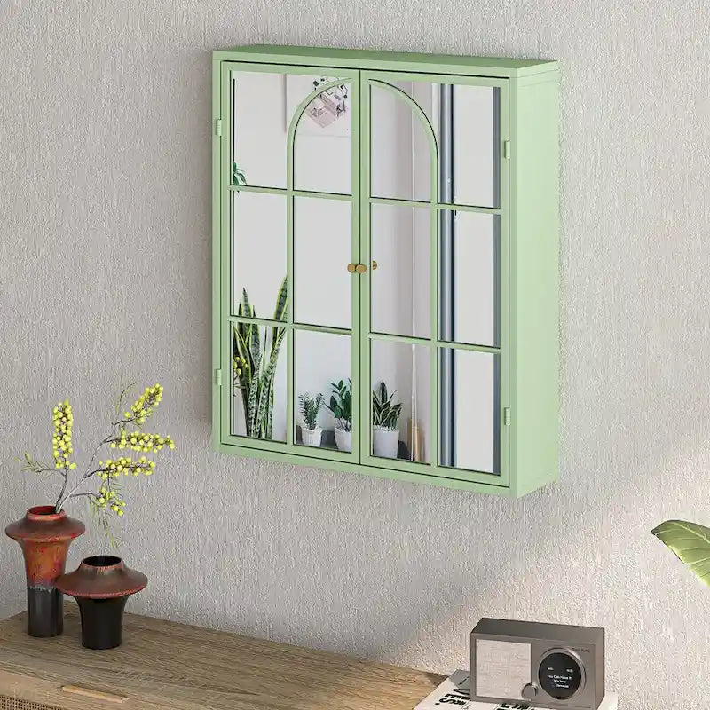 23.62 Vintage Two Door Wall Cabinet with Mirror,Three-level Entrance Storage Space for Living Room,Bathroom,Dining Room,Green