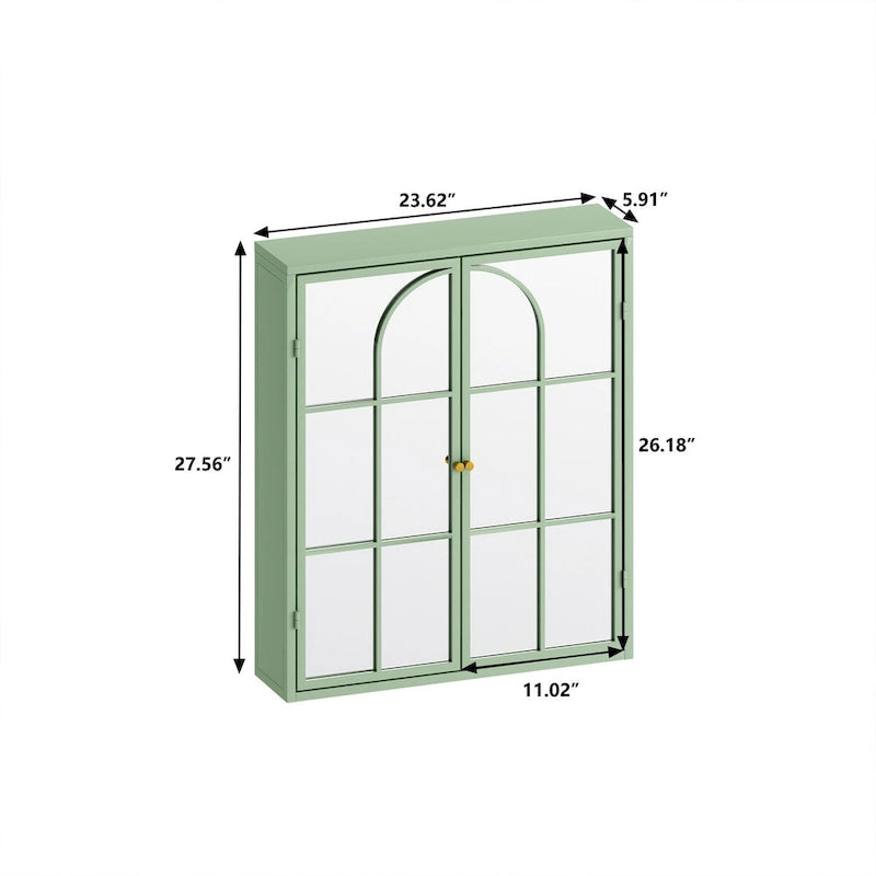 23.62 Vintage Two Door Wall Cabinet with Mirror,Three-level Entrance Storage Space for Living Room,Bathroom,Dining Room,Green