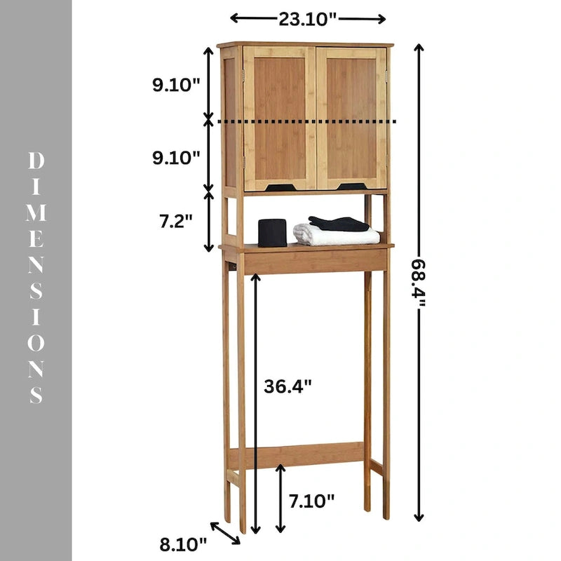 Bamboo Over The Toilet Storage Cabinet with Dual Doors and Open Shelf Mahe Collection - 23.10L x 8.10W x 68.4H