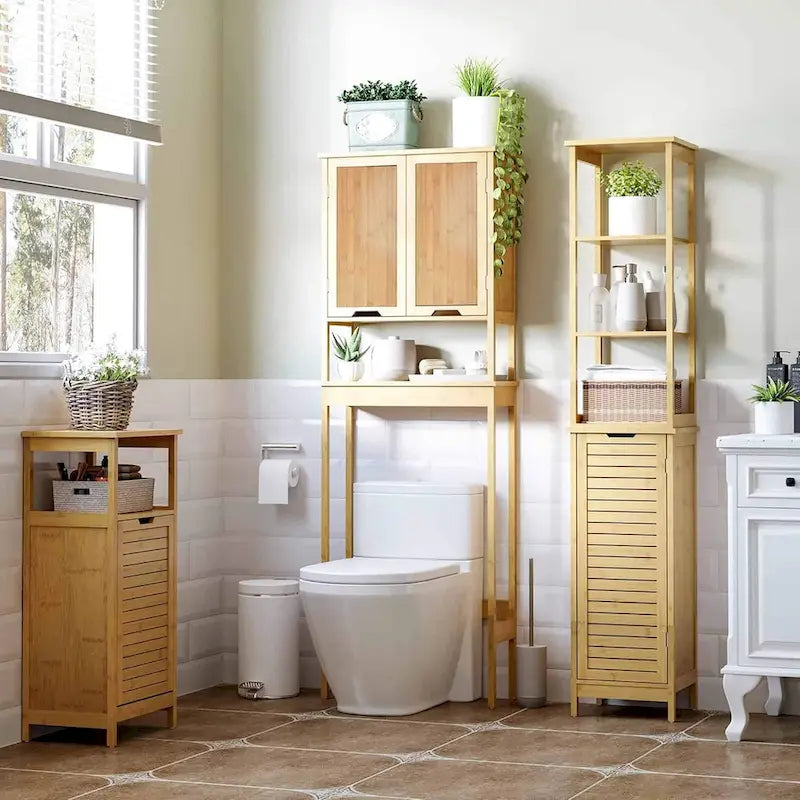 Bamboo Over The Toilet Storage Cabinet with Dual Doors and Open Shelf Mahe Collection - 23.10L x 8.10W x 68.4H