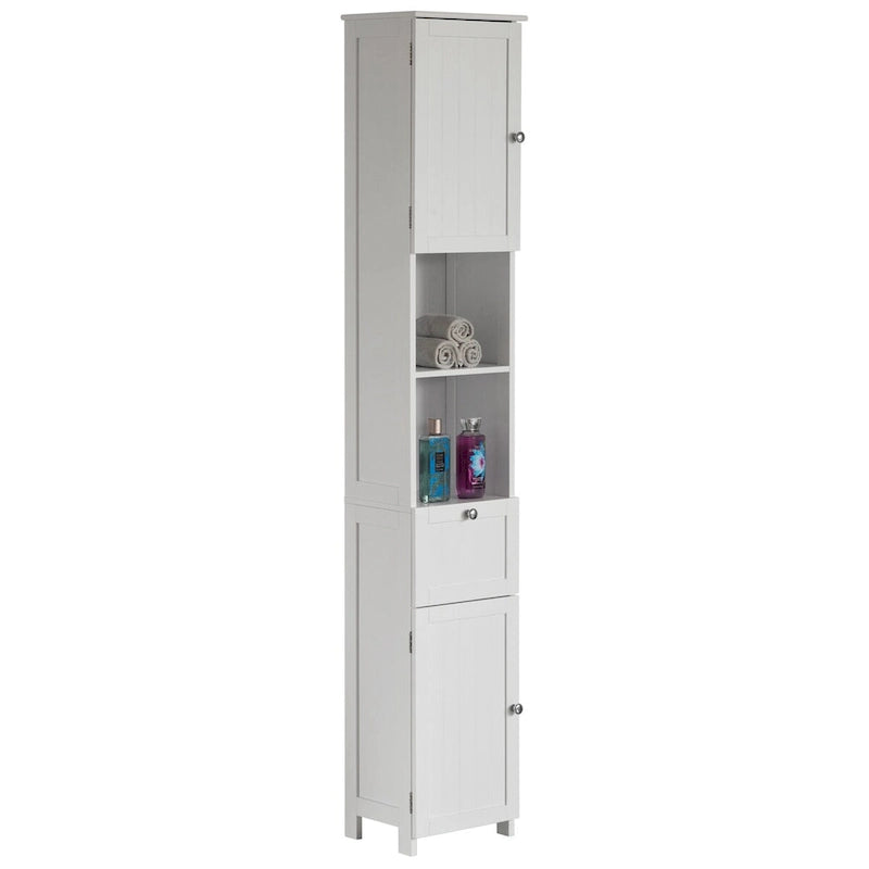 White Tall Standing Bathroom Linen Tower Storage Cabinet