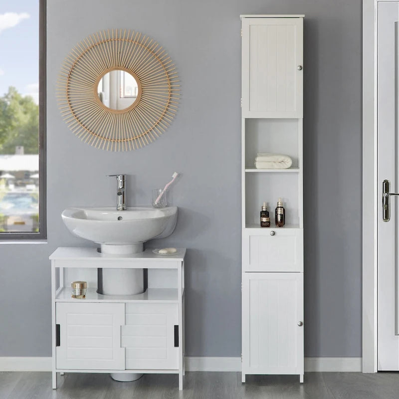 White Tall Standing Bathroom Linen Tower Storage Cabinet
