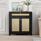 Anmytek 2-Door Black Rattan Cabinet with Drawer Storage Sideboard Buffet 31.5W x 13.7D x 32.8H