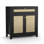 Anmytek 2-Door Black Rattan Cabinet with Drawer Storage Sideboard Buffet 31.5W x 13.7D x 32.8H