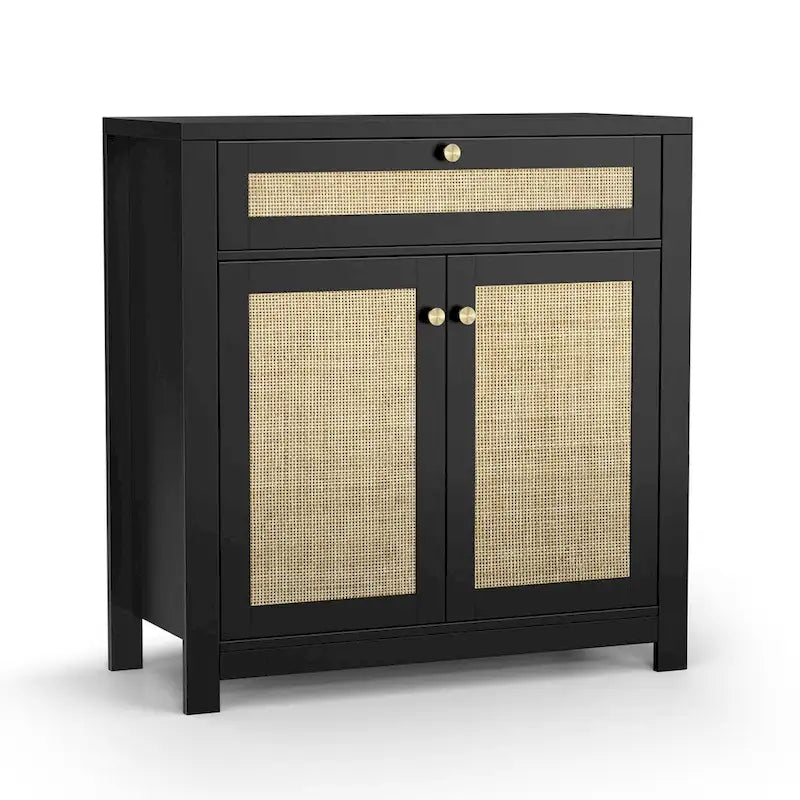 Anmytek 2-Door Black Rattan Cabinet with Drawer Storage Sideboard Buffet 31.5W x 13.7D x 32.8H