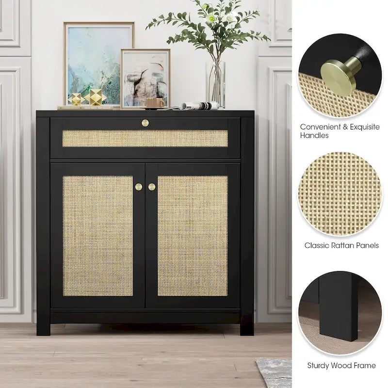 Anmytek 2-Door Black Rattan Cabinet with Drawer Storage Sideboard Buffet 31.5W x 13.7D x 32.8H