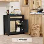 Anmytek 2-Door Black Rattan Cabinet with Drawer Storage Sideboard Buffet 31.5W x 13.7D x 32.8H