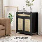 Anmytek 2-Door Black Rattan Cabinet with Drawer Storage Sideboard Buffet 31.5W x 13.7D x 32.8H