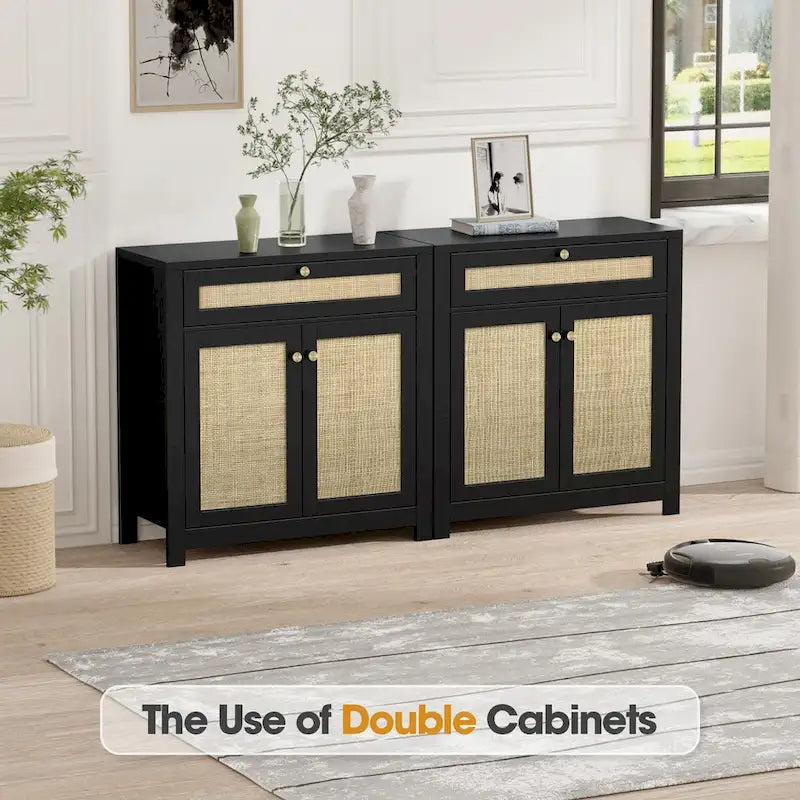 Anmytek 2-Door Black Rattan Cabinet with Drawer Storage Sideboard Buffet 31.5W x 13.7D x 32.8H
