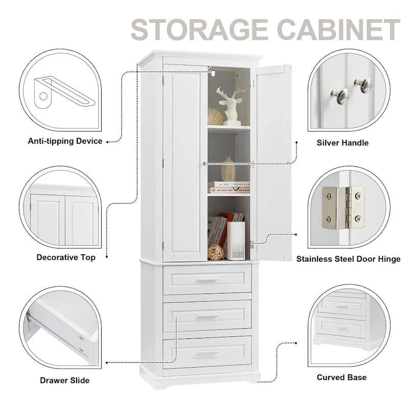 Tall Storage Cabinet with Three Drawers for Bathroom,White Tall Cabinet