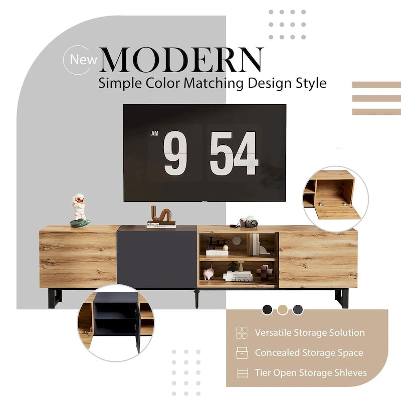 TV with 3 Cabinets& Open Shelves,Color-matching Media Console Table for TVs up to 80,Entertainment Center with Drop Down Door