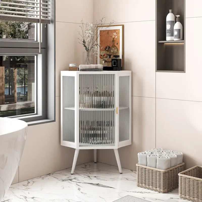 22.25Floor Coner Cabinet with Tempered Glass Door & Storage Shelves for Bathroom, Living Room, Bedroom (White)