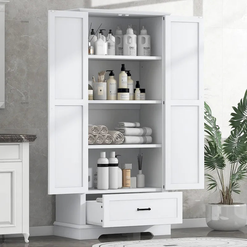 Tall Bathroom Storage Cabinet Cabinet with Two Doors and One Drawer Adjustable Shelf MDF Board White