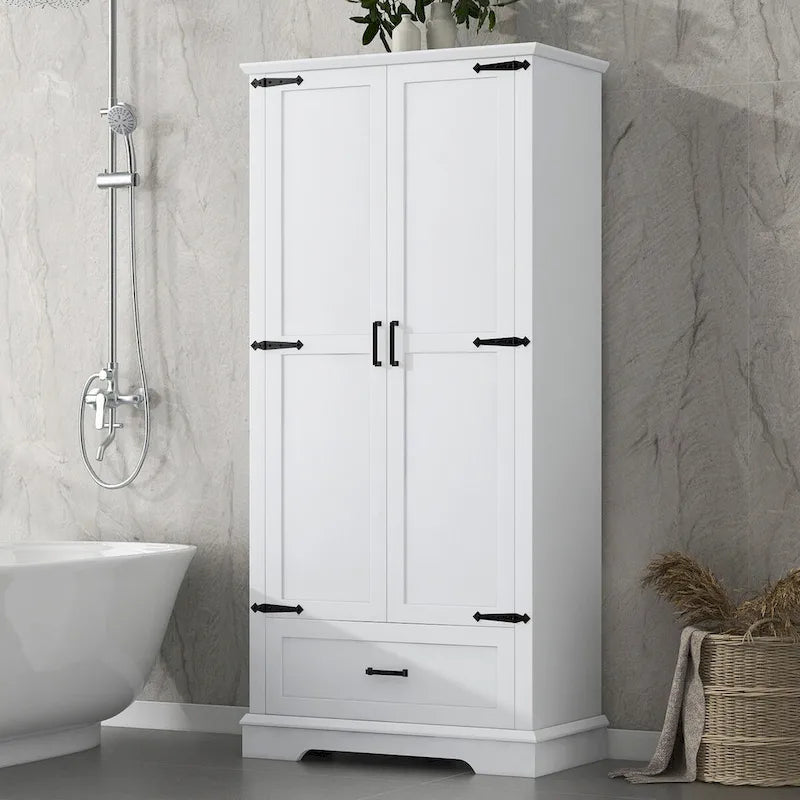 Tall Bathroom Storage Cabinet Cabinet with Two Doors and One Drawer Adjustable Shelf MDF Board White