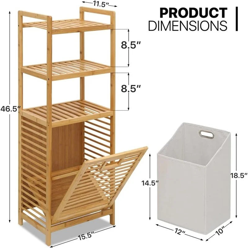 Tilt Out Hamper for Laundry 3 Tier Bamboo Pull Out Laundry Hamper - 15.5L x 11.5W x 46.5H