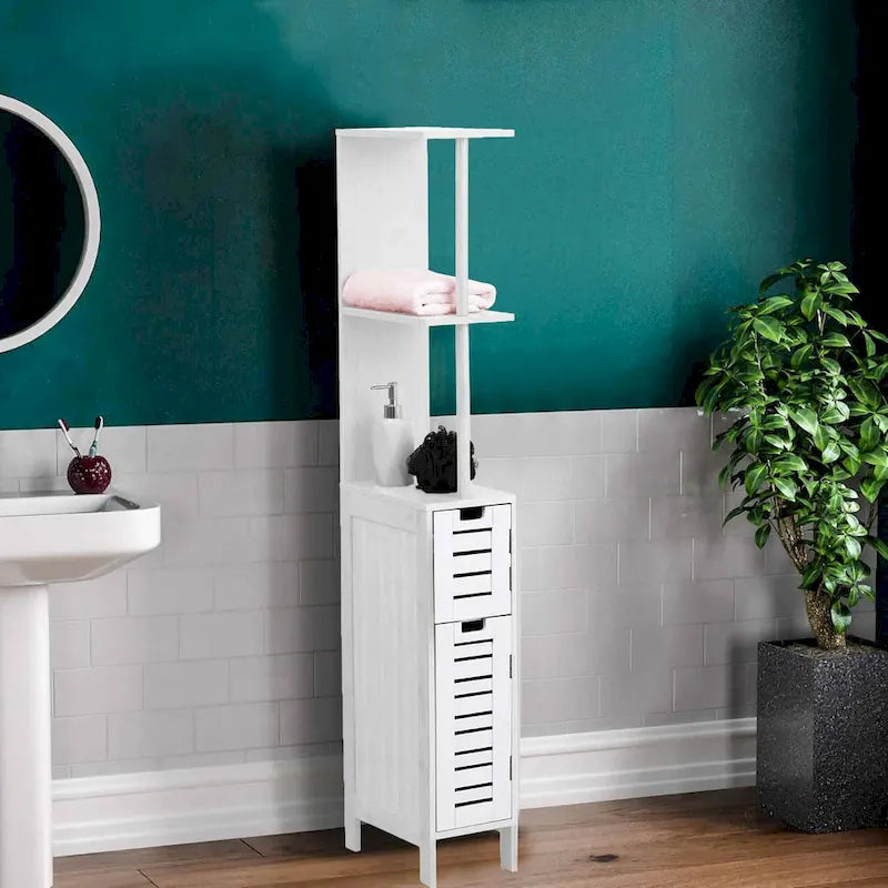 Miami White Slim Bathroom Storage Cabinet Open Shelves Two Doors - 51.4H x 7.2L 12W