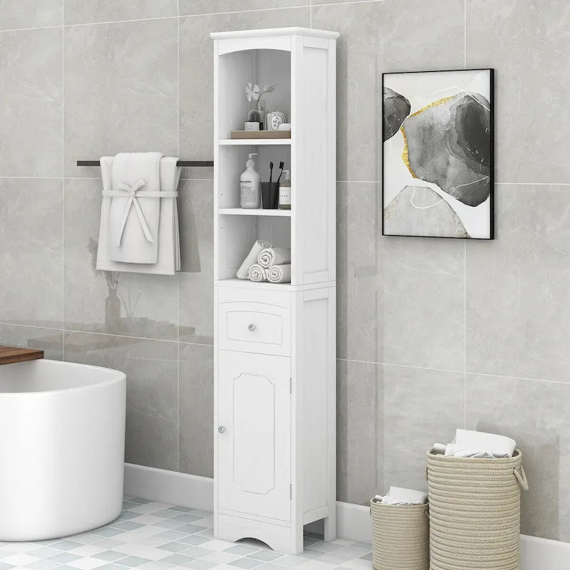 67 Tall Bathroom Storage Cabinet, Modern Narrow Display Cupboard Stand with Drawer and Adjustable Shelf