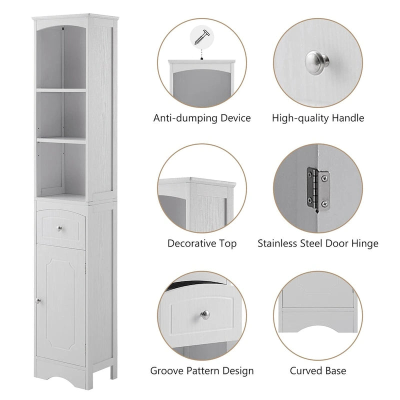 67 Tall Bathroom Storage Cabinet, Modern Narrow Display Cupboard Stand with Drawer and Adjustable Shelf