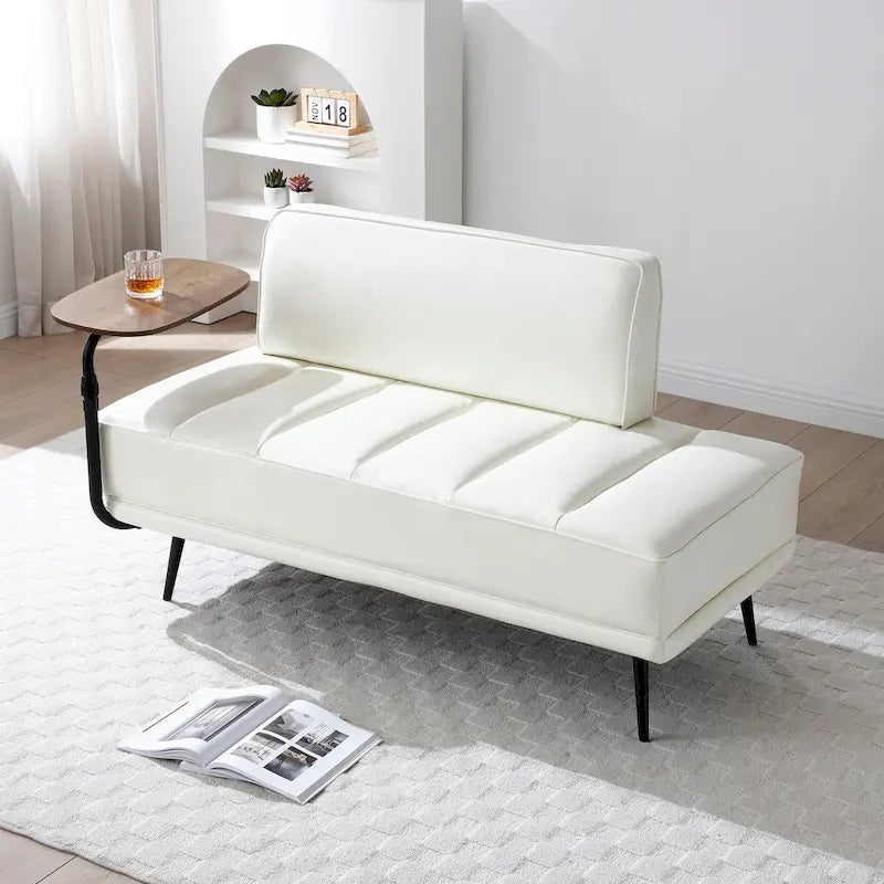 56.3Width End of Bed Bench,Faux Leather Upholstered With side table,360-degree Swivel tray couch,Entryway Ottoman,Metal Legs