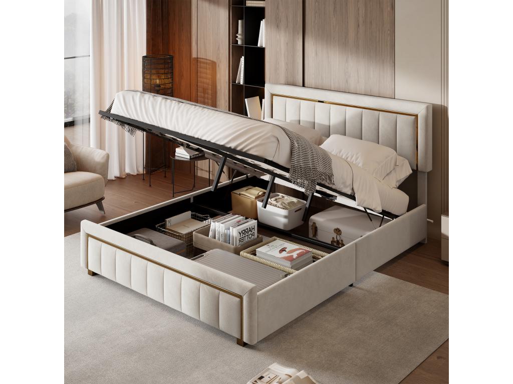 Beige Velvet Bed, 160 x 200 cm - dlz1766583345203